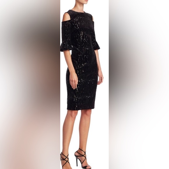 Teri Jon black Sequined Cold Shoulder Velvet Dress size 4 - Picture 4 of 13
